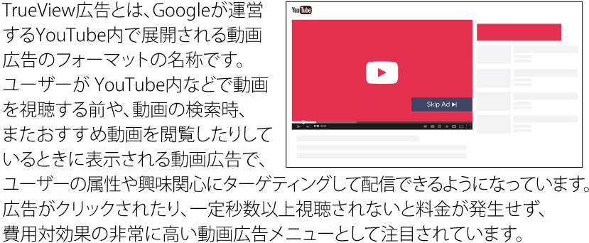 TrueView広告とは、Googleが運営するYouTube内で展開される動画広告のフォーマットの名称です。